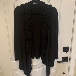 Ronnie‎ Salloway Liquid Knit Slinky Cardigan Black Open Front Ruffled Size Large
